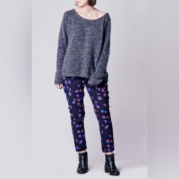 Topshop Navy Floral Printed High Rise Tapered Trouser Ankle Pants - Picture 2 of 10